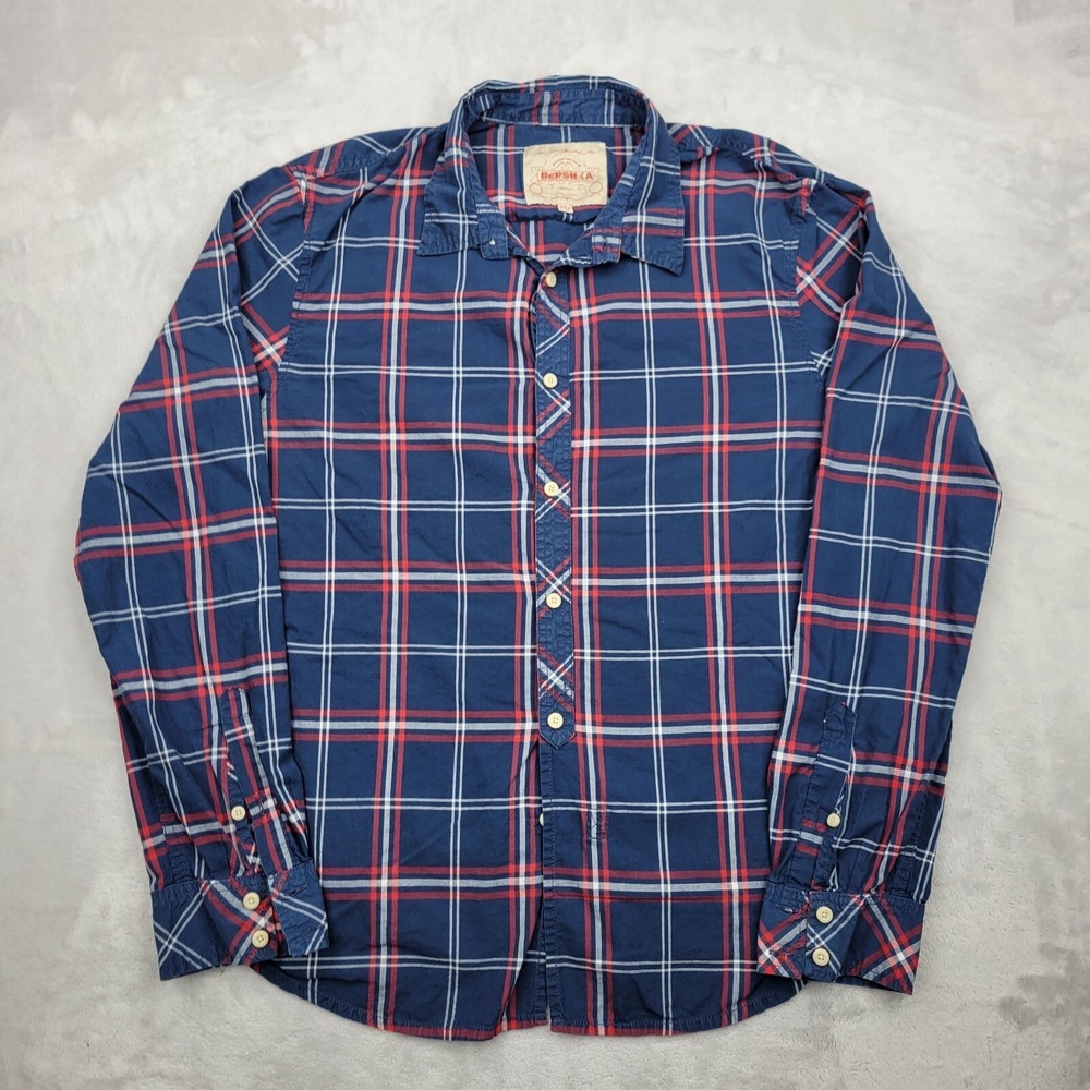 Bershka Shirt Men XXL Button Up Plaid Sportsman Collared Blue Plaid London Adult